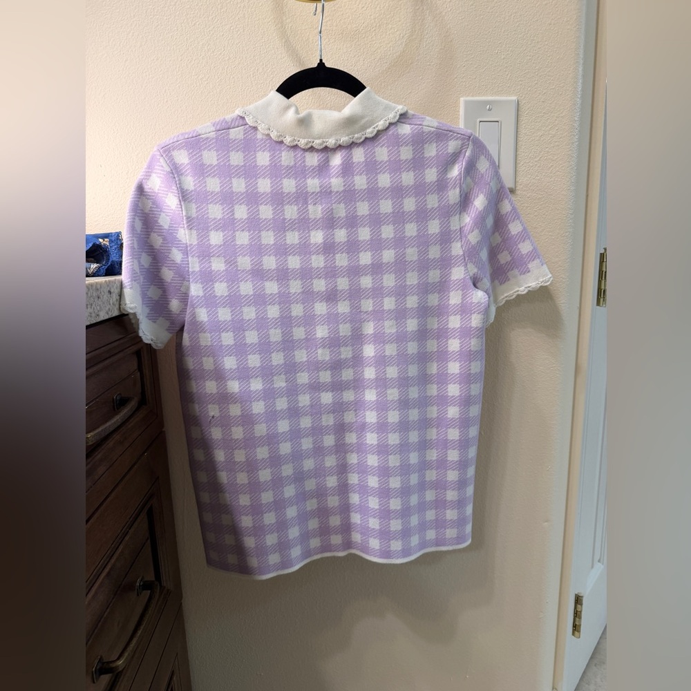 Maje woman’s Lavender Gingham Collared Knit Top with Scalloped Trim - Picture 6 of 8